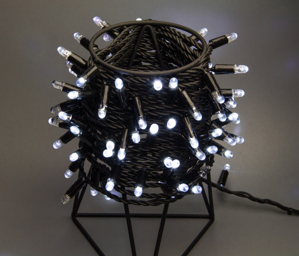 Светодиодная нить 100 холодных белых LED ламп, 10 м., 24В, мерцание, черный резиновый провод 2,3 мм., Teamprof (TPF-S10CF-24V-SRB/W) 