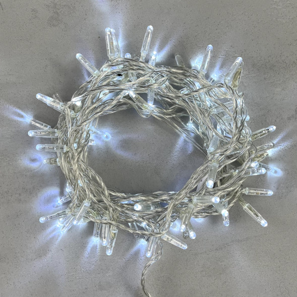 Светодиодная гирлянда с колпачком 100 холодных белых LED ламп 10 м., мерцание, 220-230 В., прозрачный провод ПВХ, IP65, LTC (PST100BLWCAP-10-2W) 