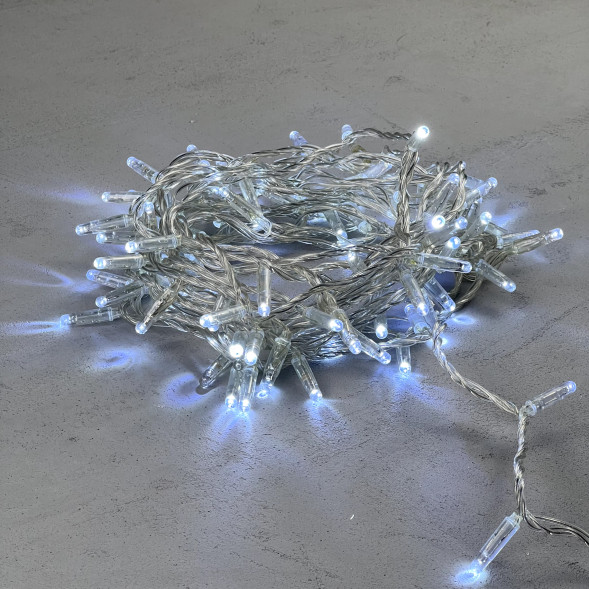 Светодиодная гирлянда с колпачком 100 холодных белых LED ламп 10 м., мерцание, 220-230 В., прозрачный провод ПВХ, IP65, LTC (PST100BLWCAP-10-2W) 