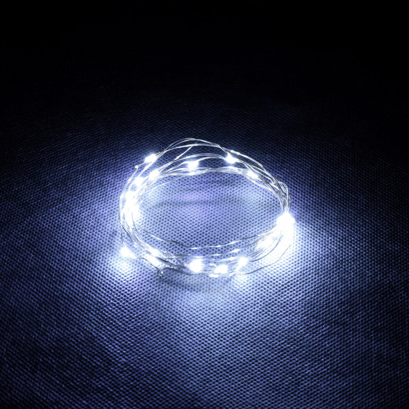 Светодиодная нить Роса 20 холодных белых LED ламп, 2 м., на батарейках, с пультом, Vegas (55105) 