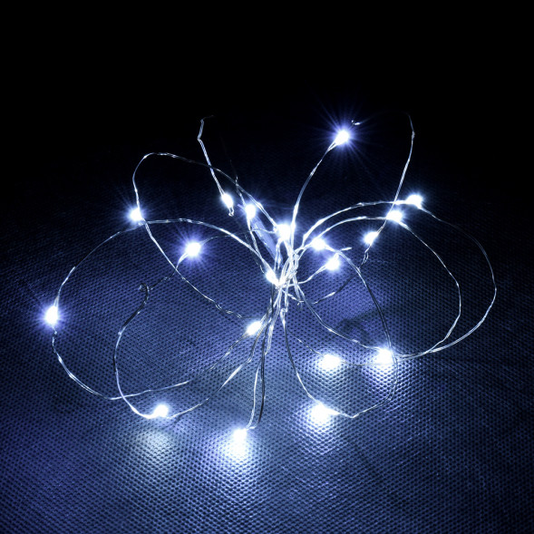Светодиодная нить Роса 20 холодных белых LED ламп, 2 м., на батарейках, с пультом, Vegas (55105) 