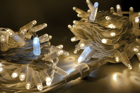 Светодиодная нить 100 теплых белых LED ламп, 10 м., 220В, мерцание, белый резиновый провод, Teamprof (TPF-S10CF-220V-RW/WW) 