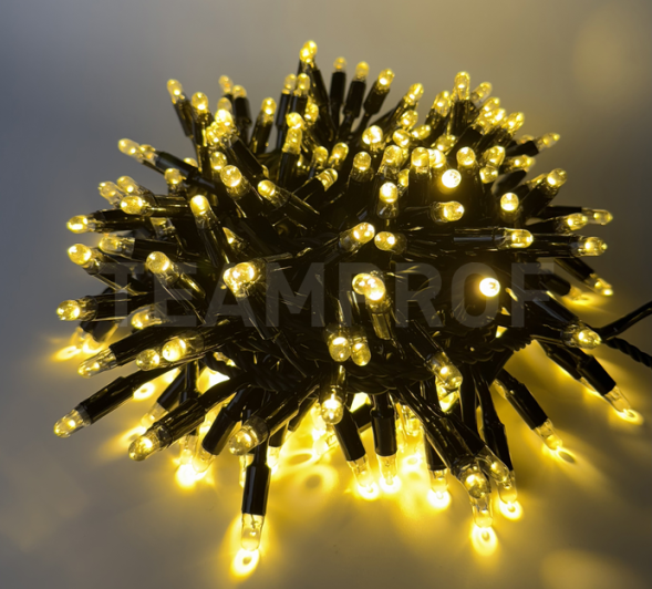 Светодиодная нить Мишура 10 м., 300 LED, 220 В, тёплая белая, статика, чёрная резина 2,3мм., TeamProf (TPF-10C/300-220V-SRB-WW) 