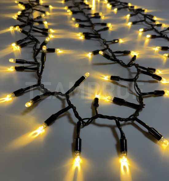 Светодиодная нить Мишура 10 м., 300 LED, 220 В, тёплая белая, статика, чёрная резина 2,3мм., TeamProf (TPF-10C/300-220V-SRB-WW) 