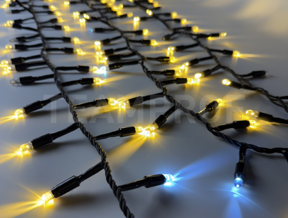 Светодиодная нить Мишура 10 м., 300 LED, 220 В, тёплая белая, мерцание, чёрная резина 2,3мм., TeamProf (TPF-10CF/300-220V-SRB-WW) 