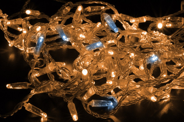 Светодиодная нить 100 теплых белых LED ламп, 10 м., 220В, мерцание, прозрачный провод ПВХ, Teamprof (TPF-S10CF-220V-CT/WW) 