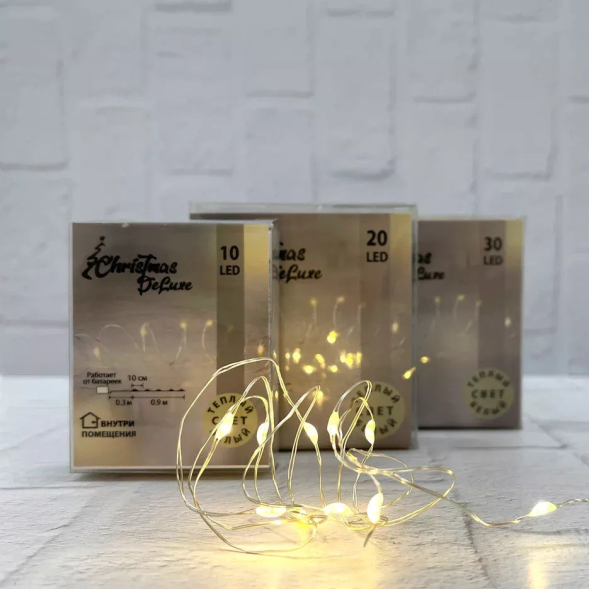 Гирлянда на батарейках Роса, серебряный провод, 30 теплых ламп, 290 см., Christmas DeLuxe(87411) 