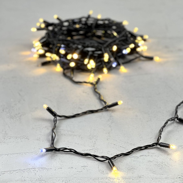 Светодиодная гирлянда с колпачком 100 экстра теплых белых LED ламп 10 м., мерцание, 220-230 В., черный провод ПВХ, IP65, LTC (PST100BLWCAP-11-2WW) 