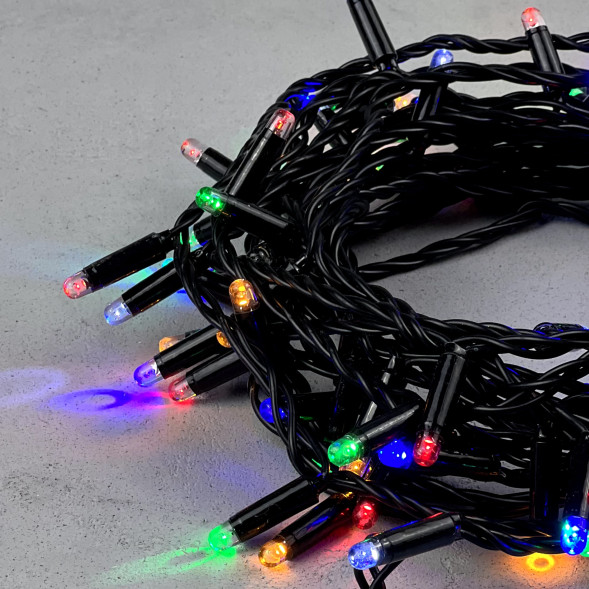Светодиодная гирлянда с колпачком 100 разноцветных LED ламп 10 м., мерцание, 220-230 В., черный провод ПВХ, IP65, LTC (PST100BLWCAP-11-2M) 