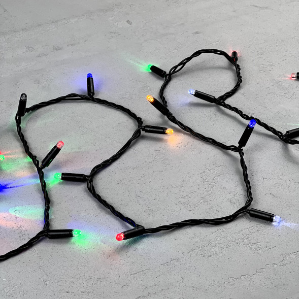 Светодиодная гирлянда с колпачком 100 разноцветных LED ламп 10 м., мерцание, 220-230 В., черный провод ПВХ, IP65, LTC (PST100BLWCAP-11-2M) 