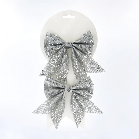 Набор бантов Бриджит 2 шт., 12x13 см., серебро с пайетками, Christmas DeLuxe (86910) 