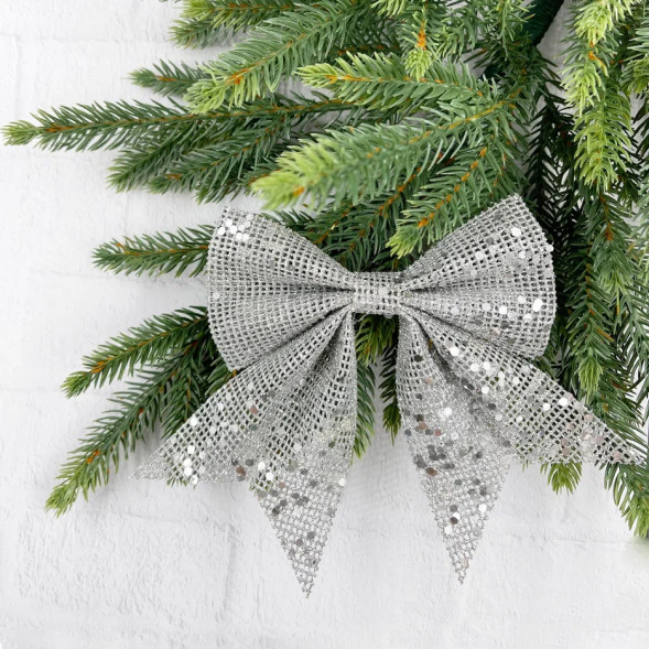 Набор бантов Бриджит 2 шт., 12x13 см., серебро с пайетками, Christmas DeLuxe (86910) 