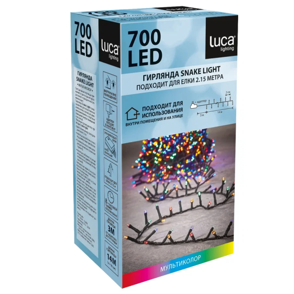 Светодиодная нить Snake Light 700 разноцветных ламп, 14 м., 24В, 8 режимов, зеленый провод, для елки 215 см., Christmas DeLuxe (83778) 