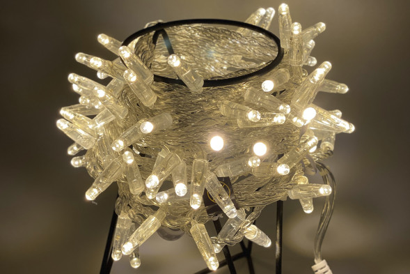 Светодиодная нить 100 теплых белых LED ламп, 10 м., 24В, статика, прозрачный провод ПВХ, Teamprof (TPF-S10C-24V-CT/WW) 