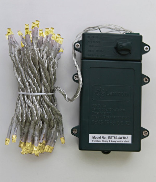 Светодиодная гирлянда 10 м., 3 батарейки типа D 4.5V, 100 LED ламп цвета шампань, таймер, прозрачный провод, LTC (EST100-4W10-8CH) 