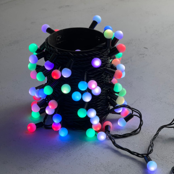 Светодиодная гирлянда шарики Fiesta, 10 м., 100 RGB LED ламп 18 мм, черный ПВХ, LTC (MB100-1-2RGB) 