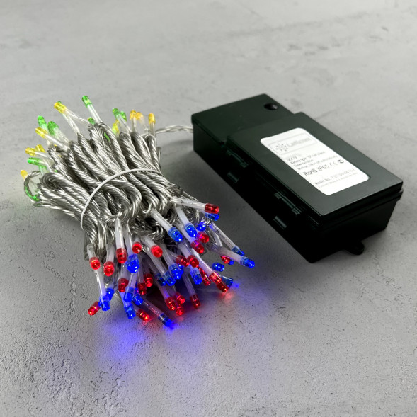 Светодиодная гирлянда 10 м., 3 батарейки типа D 4.5V, 100 разноцветных LED ламп, таймер, прозрачный провод, LTC (EST100-4W10-8M) 