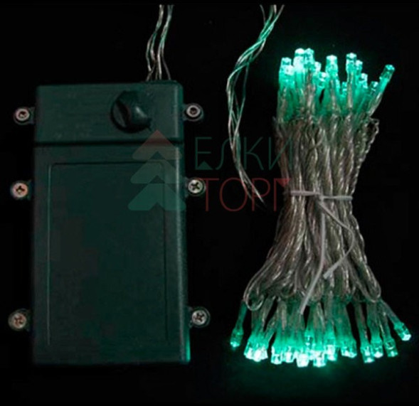 Светодиодная гирлянда 5 м., 3 батарейки типа D 4.5V, 50 LED ламп цвета аква, таймер, прозрачный провод, LTC (EST50-4W10-8A) 