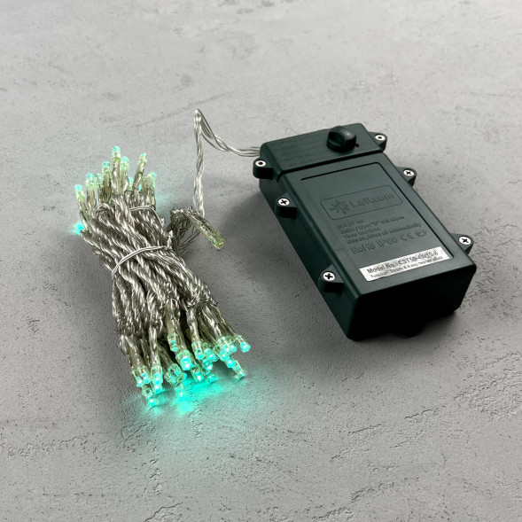 Светодиодная гирлянда 5 м., 3 батарейки типа D 4.5V, 50 LED ламп цвета аква, таймер, прозрачный провод, LTC (EST50-4W10-8A) 