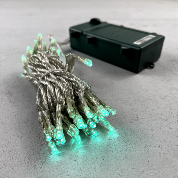 Светодиодная гирлянда 5 м., 3 батарейки типа D 4.5V, 50 LED ламп цвета аква, таймер, прозрачный провод, LTC (EST50-4W10-8A) 