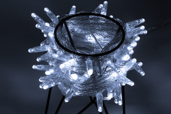 Светодиодная нить 100 холодных белых LED ламп, 10 м., 24В, мерцание, прозрачный провод ПВХ, Teamprof (TPF-S10CF-24V-CT/W) 