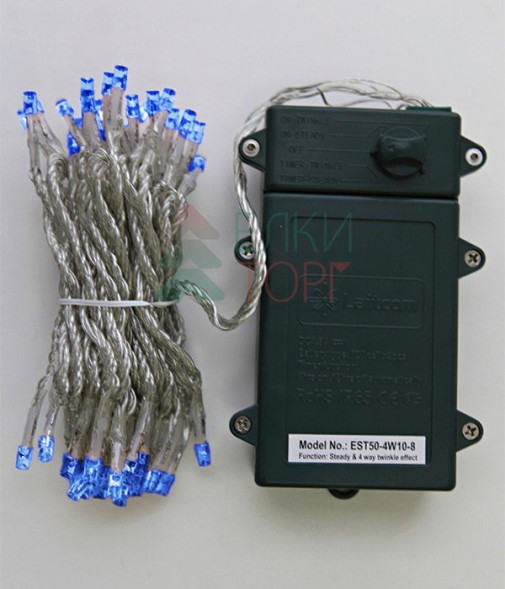 Светодиодная гирлянда 5 м., 3 батарейки типа D 4.5V, 50 LED ламп синего цвета, таймер, прозрачный провод, LTC (EST50-4W10-8B) 