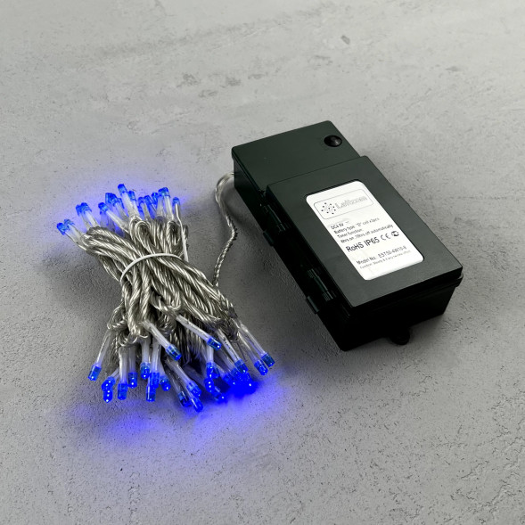 Светодиодная гирлянда 5 м., 3 батарейки типа D 4.5V, 50 LED ламп синего цвета, таймер, прозрачный провод, LTC (EST50-4W10-8B) 