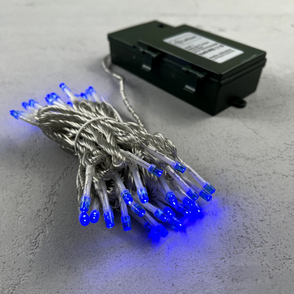 Светодиодная гирлянда 5 м., 3 батарейки типа D 4.5V, 50 LED ламп синего цвета, таймер, прозрачный провод, LTC (EST50-4W10-8B) 