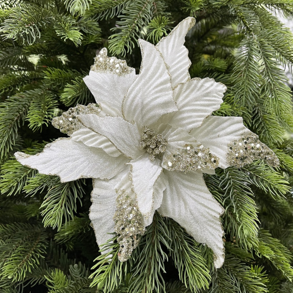 Декоративный цветок Пуансеттия 28 см., шампань, на клипсе, Christmas DeLuxe (85662-87154) 