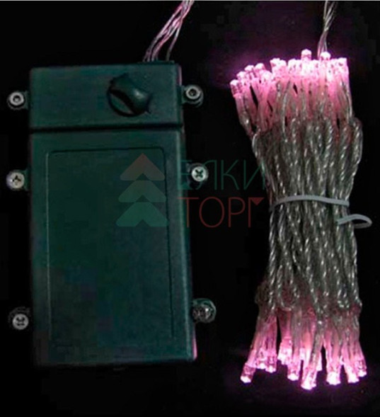 Светодиодная гирлянда 5 м., 3 батарейки типа D 4.5V, 50 LED ламп светло розового цвета, таймер, прозрачный провод, LTC (EST50-4W10-8BP) 