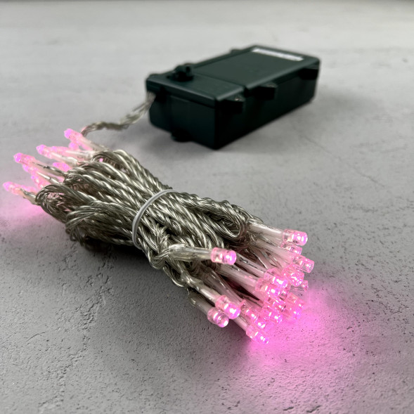 Светодиодная гирлянда 5 м., 3 батарейки типа D 4.5V, 50 LED ламп светло розового цвета, таймер, прозрачный провод, LTC (EST50-4W10-8BP) 