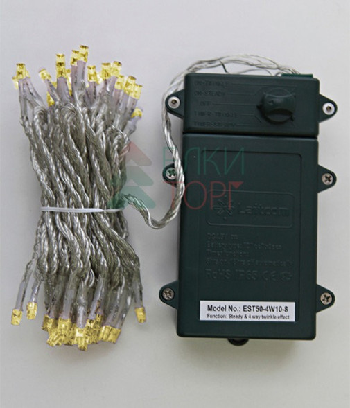 Светодиодная гирлянда 5 м., 3 батарейки типа D 4.5V, 50 LED ламп цвета шампань, таймер, прозрачный провод, LTC (EST50-4W10-8CH) 