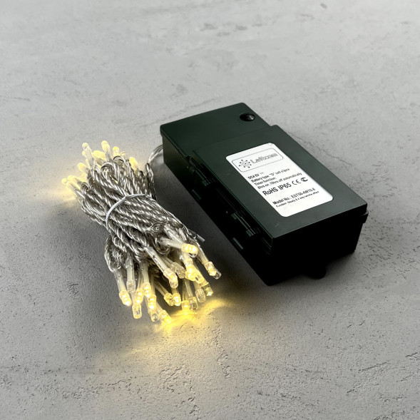 Светодиодная гирлянда 5 м., 3 батарейки типа D 4.5V, 50 LED ламп цвета шампань, таймер, прозрачный провод, LTC (EST50-4W10-8CH) 