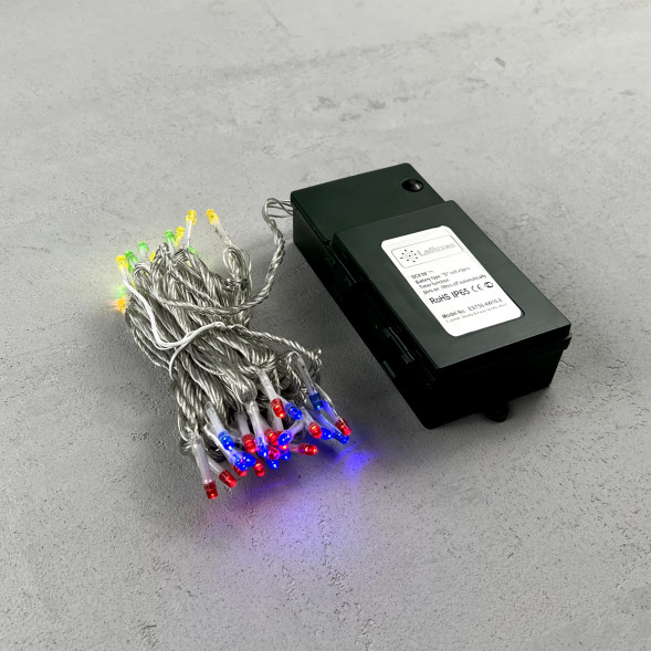 Светодиодная гирлянда 5 м., 3 батарейки типа D 4.5V, 50 разноцветных LED ламп, таймер, прозрачный провод, LTC (EST50-4W10-8M) 