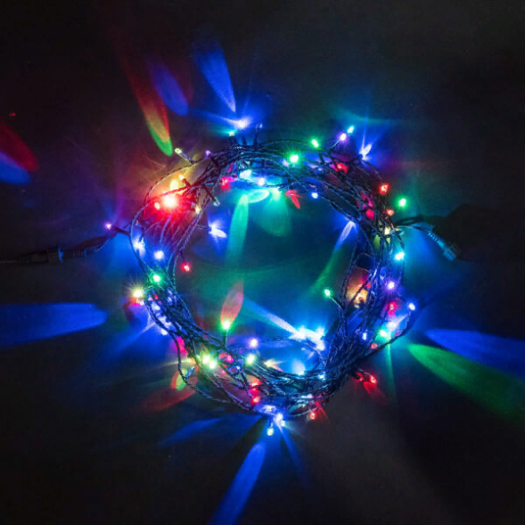 Светодиодная гирлянда 100 разноцветных LED ламп с RGB светодиодом, 10 м., 24V., черный силиконовый провод, IP54, Beauty Led (EST100-11-1RGB) 