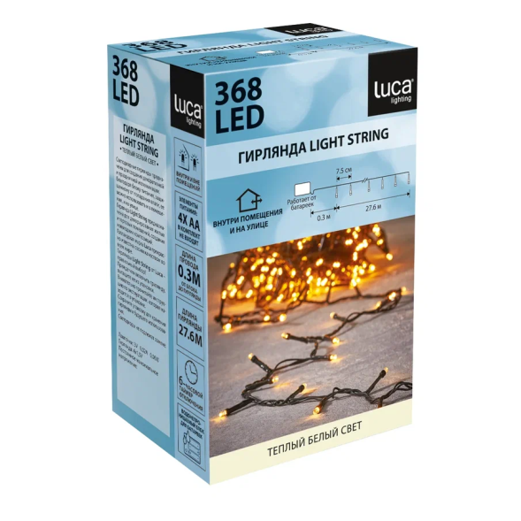 Светодиодная нить String Light 368 теплых ламп, 27.6 м., на батарейках, таймер, зеленый провод, Luca (83791) 