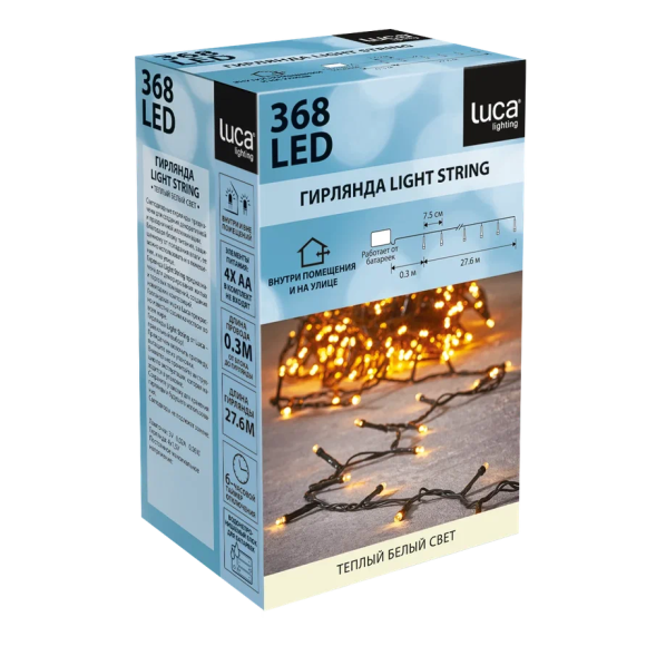 Светодиодная нить String Light 368 теплых ламп, 27.6 м., на батарейках, таймер, зеленый провод, Luca (83791) 