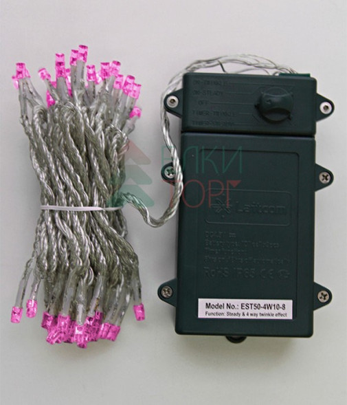 Светодиодная гирлянда 5 м., 3 батарейки типа D 4.5V, 50 LED ламп розового цвета, таймер, прозрачный провод, LTC (EST50-4W10-8P) 