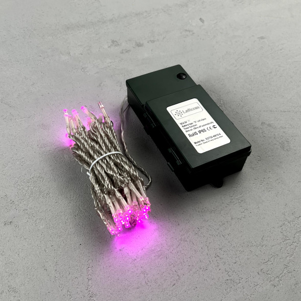 Светодиодная гирлянда 5 м., 3 батарейки типа D 4.5V, 50 LED ламп розового цвета, таймер, прозрачный провод, LTC (EST50-4W10-8P) 