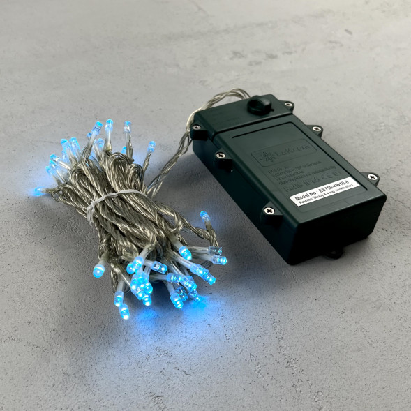 Светодиодная гирлянда 5 м., 3 батарейки типа D 4.5V, 50 LED ламп небесно голубого цвета, таймер, прозрачный провод, LTC (EST50-4W10-8SB) 