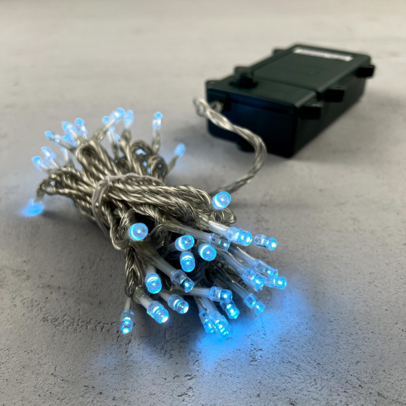 Светодиодная гирлянда 5 м., 3 батарейки типа D 4.5V, 50 LED ламп небесно голубого цвета, таймер, прозрачный провод, LTC (EST50-4W10-8SB) 