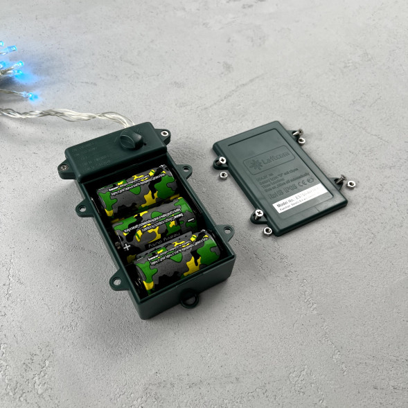 Светодиодная гирлянда 5 м., 3 батарейки типа D 4.5V, 50 LED ламп небесно голубого цвета, таймер, прозрачный провод, LTC (EST50-4W10-8SB) 