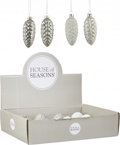 Набор стеклянных шишек Клад Белки 12 шт, серебро и белый, House of seasons (86463) 