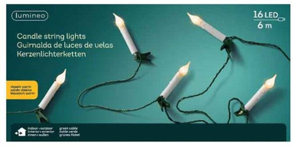 Светодиодная гирлянда в форме свечи 7,5 м., 220 V., 16 LED ламп теплого свечения, зеленый ПВХ, Kaemingk (490778) 