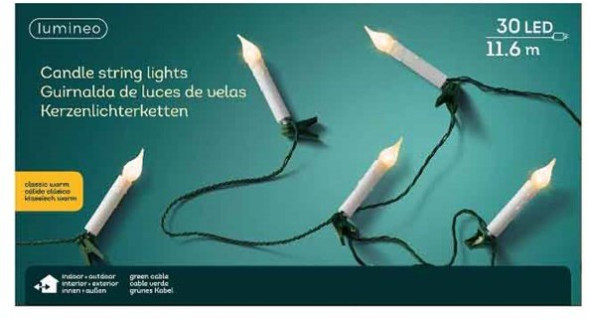 Светодиодная гирлянда в форме свечи 13.1 м., 220 V., 30 LED ламп теплого свечения, зеленый ПВХ, Kaemingk (490779) 