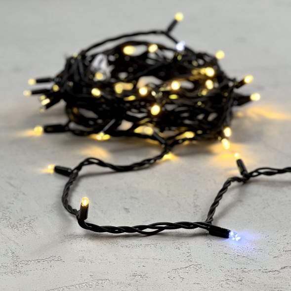 Гирлянда Нить 10 м., Тепло-Белая с Мерцанием Белого Диода 220В, 75 LED, Провод Черный Каучук, IP65, LTC (LL75BLW-1-2WW)  