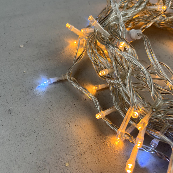 Светодиодная нить 100 экстра теплых белых LED ламп с мерцанием, 10 м., 24В., прозрачный провод ПВХ, LTC (PST100BLW-10-1EWW) 