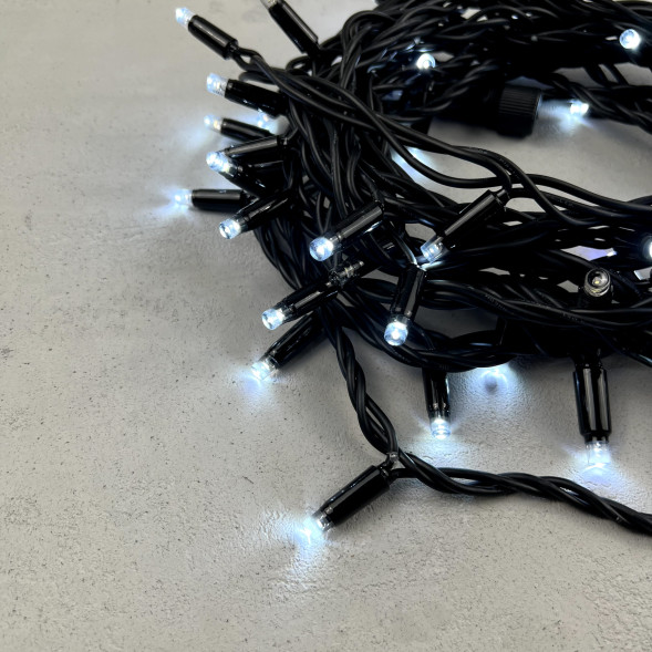 Гирлянда Нить 10 м., Холодно-Белая с Мерцанием Белого Диода 220В, 75 LED, Провод Черный Каучук, IP65, LTC (LL75BLW-1-2W)  