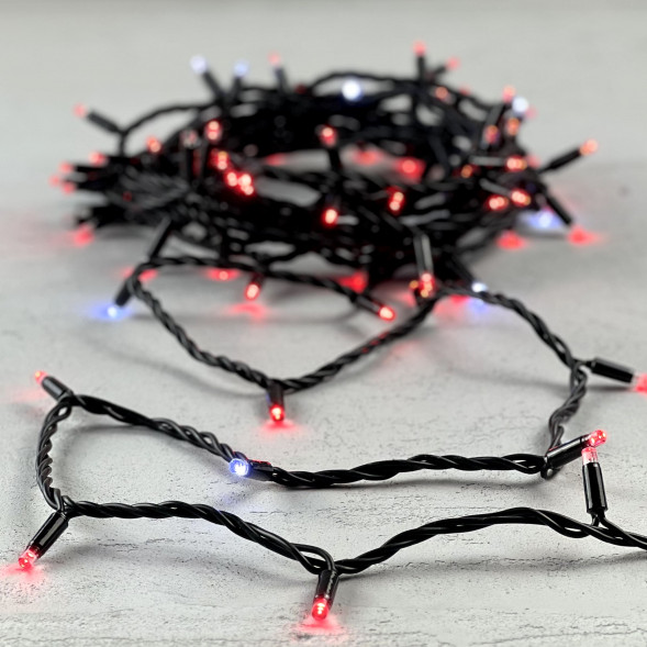 Гирлянда Нить 10 м., Красные с Мерцанием Белого Диода 220В, 75 LED, Провод Черный Каучук, IP65, LTC (LL75BLW-1-2R)  