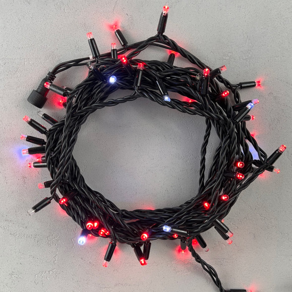 Гирлянда Нить 10 м., Красные с Мерцанием Белого Диода 220В, 75 LED, Провод Черный Каучук, IP65, LTC (LL75BLW-1-2R)  